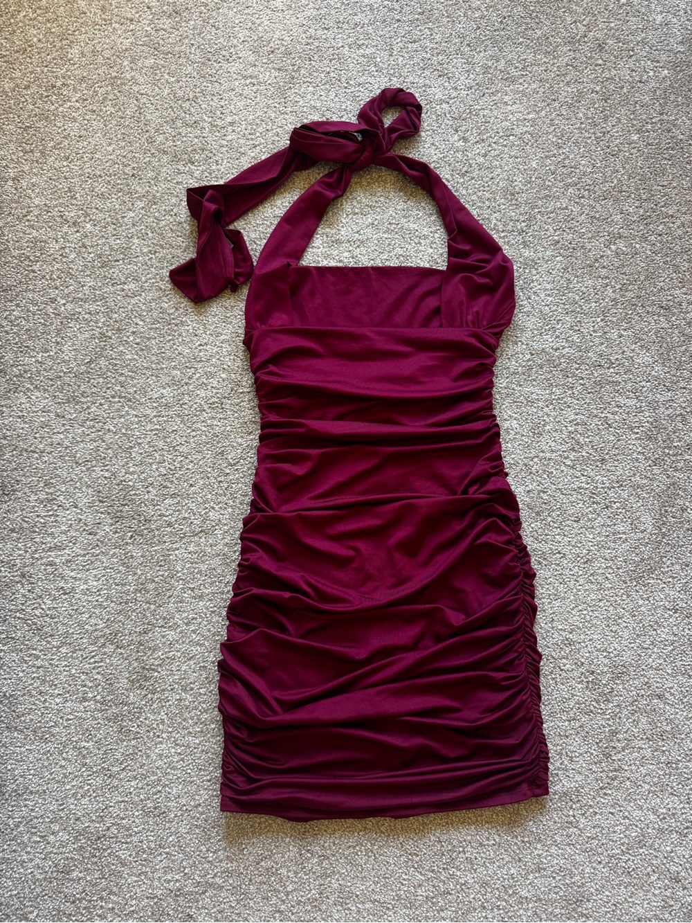 Lucy in the Sky Ruched Halter Mini Dress in Wine